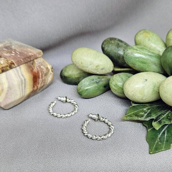 Small Hoops Earrings w/twisted, stamped design, Silver Plate - 3/4" length - Picture 8 of 8